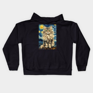 Siberian Cat Breed Painting in a Van Gogh Starry Night Art Style Kids Hoodie